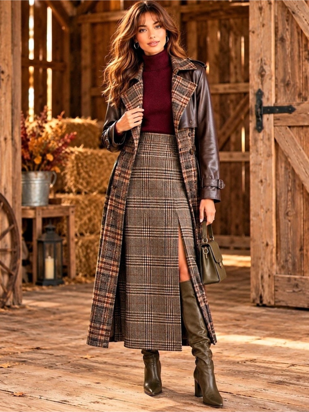 Avec Les Filles Plaid Leather-Look Trench Coat in Brown & Black Size Medium